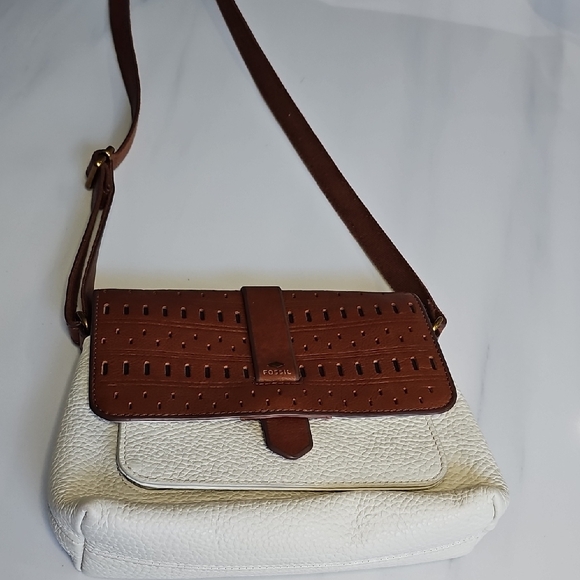 Fossil Handbags - Fossil White and Brown Crossbody Bag with Elegant Perforations